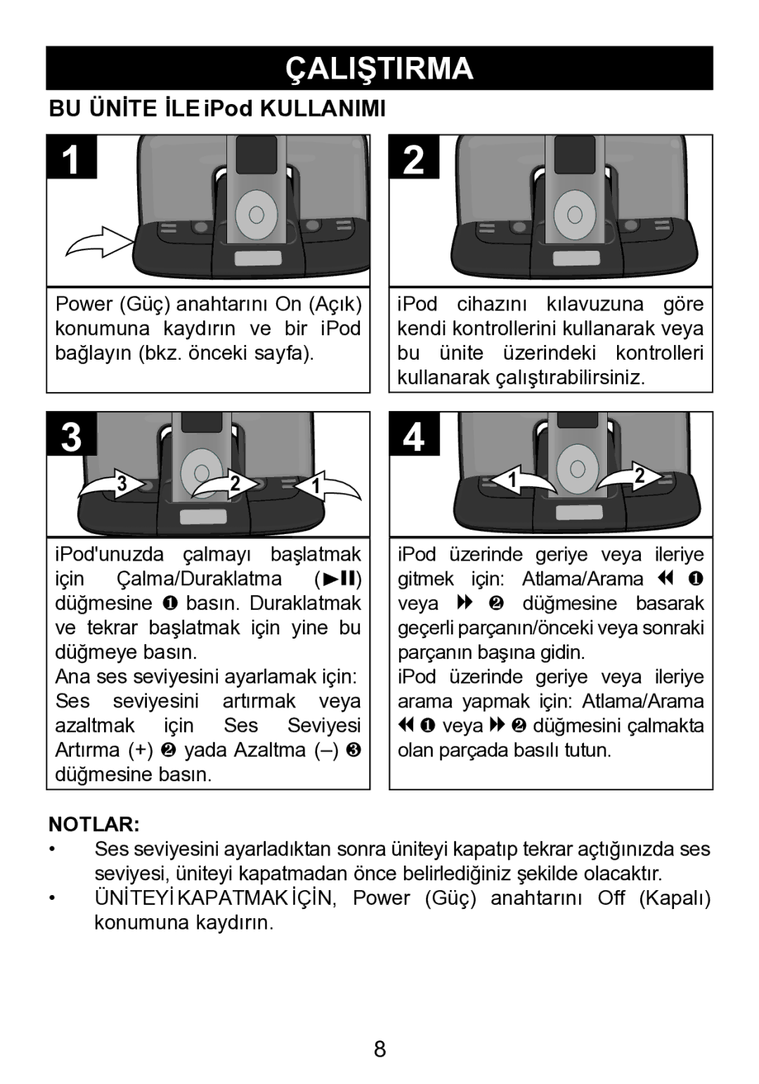 Memorex mi2290 manual Çaliştirma, BU Ünİte İLE iPod Kullanimi 